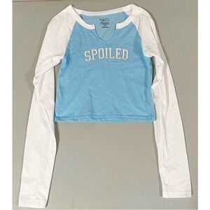 White Blue ‘Spoiled’ Diamond Graphic Long Sleeve T-Shirt Top Blouse Tee Size M 🪽